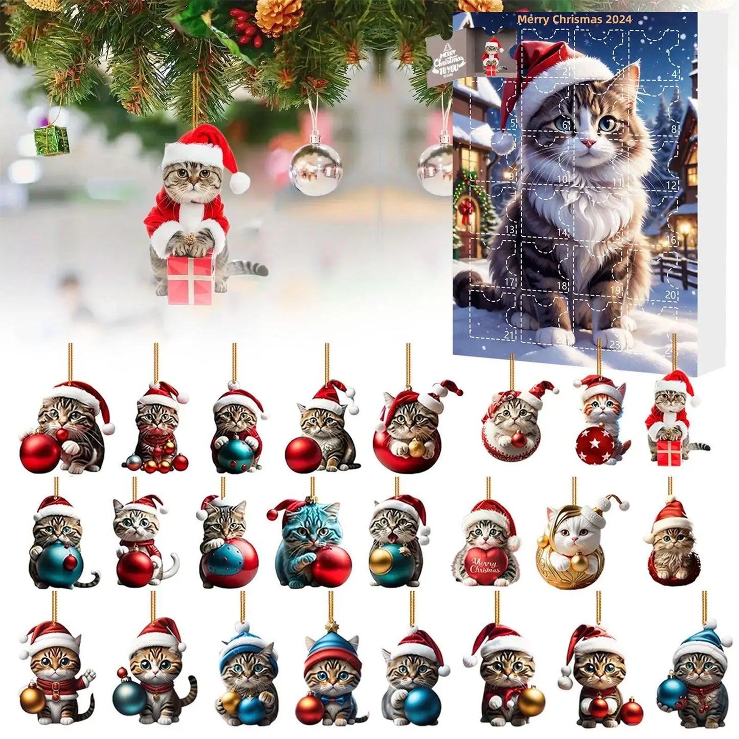 Calendario de Adviento de Gato 24 Días Adornos de Árbol Navidad