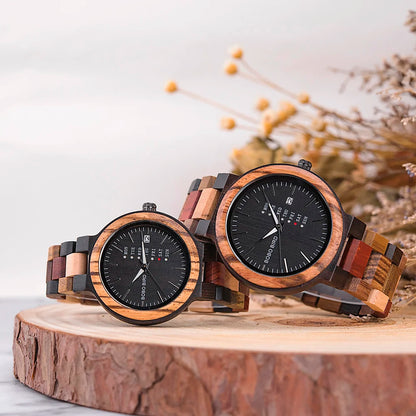 Wooden Couple Watches Handmade Quartz Date Unisex Display
