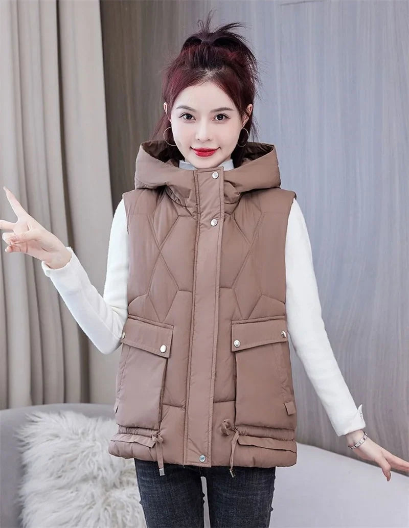 Warm Cozy Women Puffer Vest - Hooded Midlength, Winter