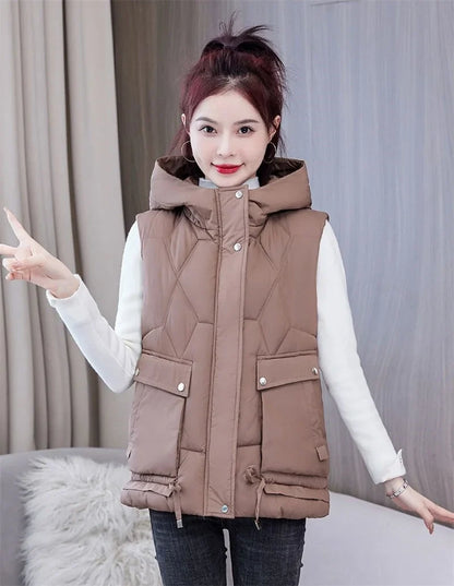 Warm Cozy Women Puffer Vest - Hooded Midlength, Winter