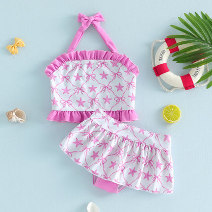 Lightweight girls' bikini set - halter top, starfish print, ruffle trim, polyester, for summer beach