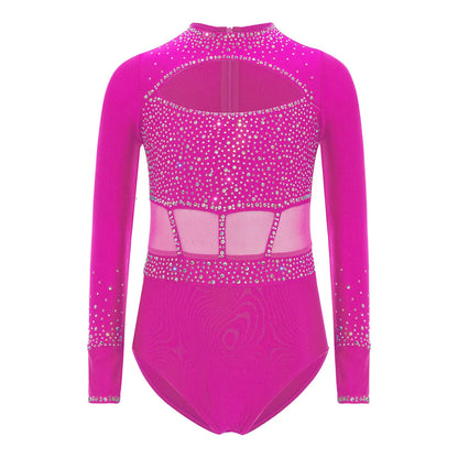 Strækbar pige dragt - flatterende, rhinsten-detaljeret, langærmet, mesh-panel, polyester elastan, til gymnastik