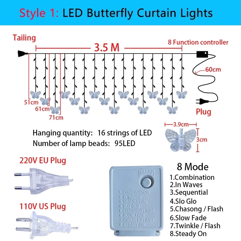 3.5m LED Butterfly Fairy Curtain Lights - Waterproof Christmas String Lights for Home Decor, Wedding & Holiday Parties, 110V/220V