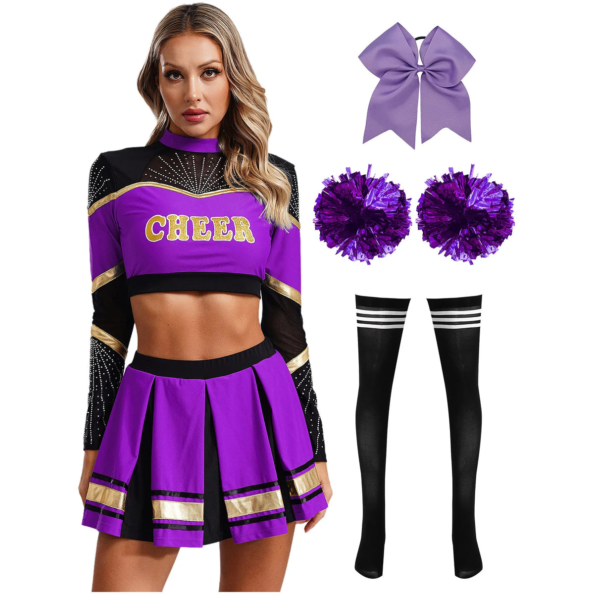 Cosplaykostuum voor cheerleaderoptredens voor vrouwen, crop-top met lange mouwen en geplooide rok met pompons 2026