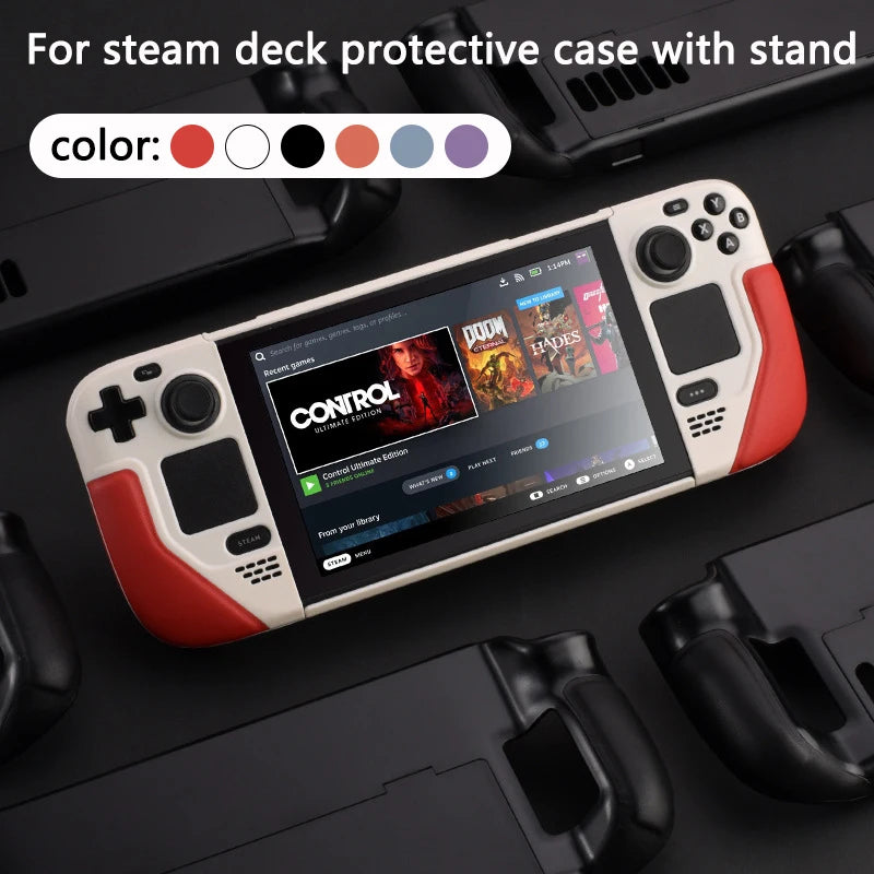 Funda para Steam Deck con envoltura de piel de vaca, agarre de cuero, carcasa rígida y soporte
