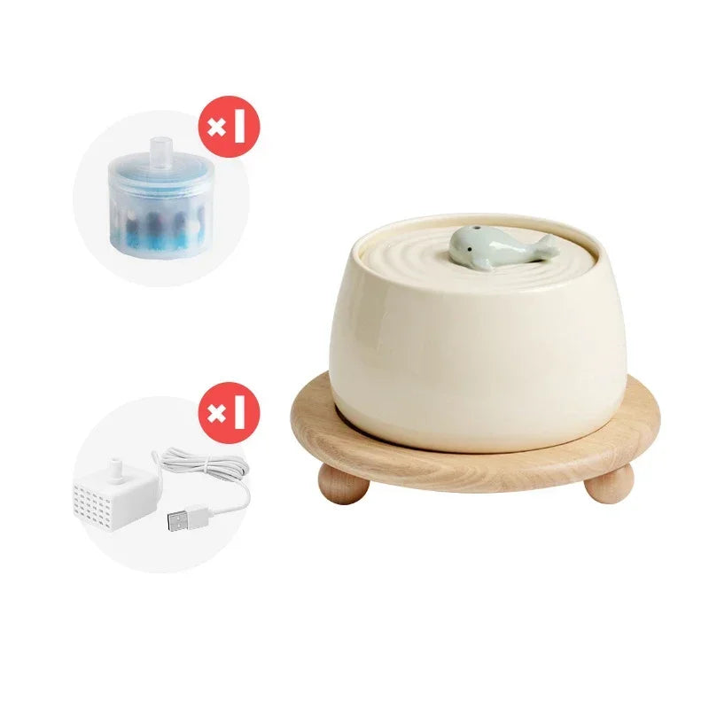 Katzen Trinkbrunnen 1300ml Keramik USB Aufladbarer Haustierbrunnen Mit Filter Und Holzständer Herbst 2025 Kontinuierliche Hydration