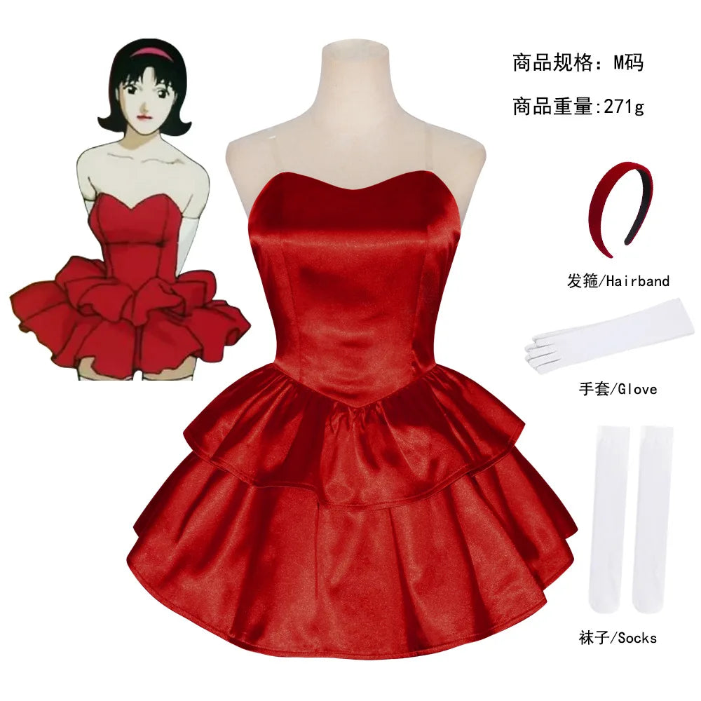 Perfect Blue Mima anime-cosplaykostuum, rode tubetopjurk met haarband, kousen en handschoenen voor vrouwen 2026