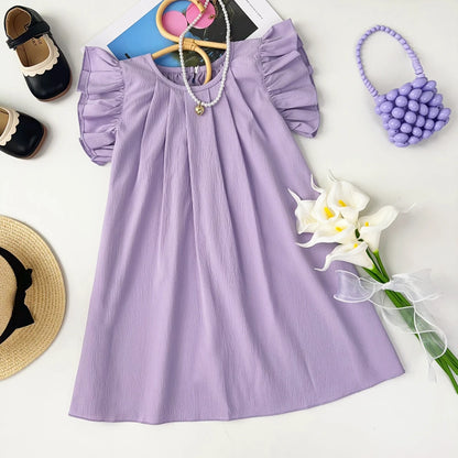Soft girls' dress - princess, pleated, round-necked, polyester, summer party wear