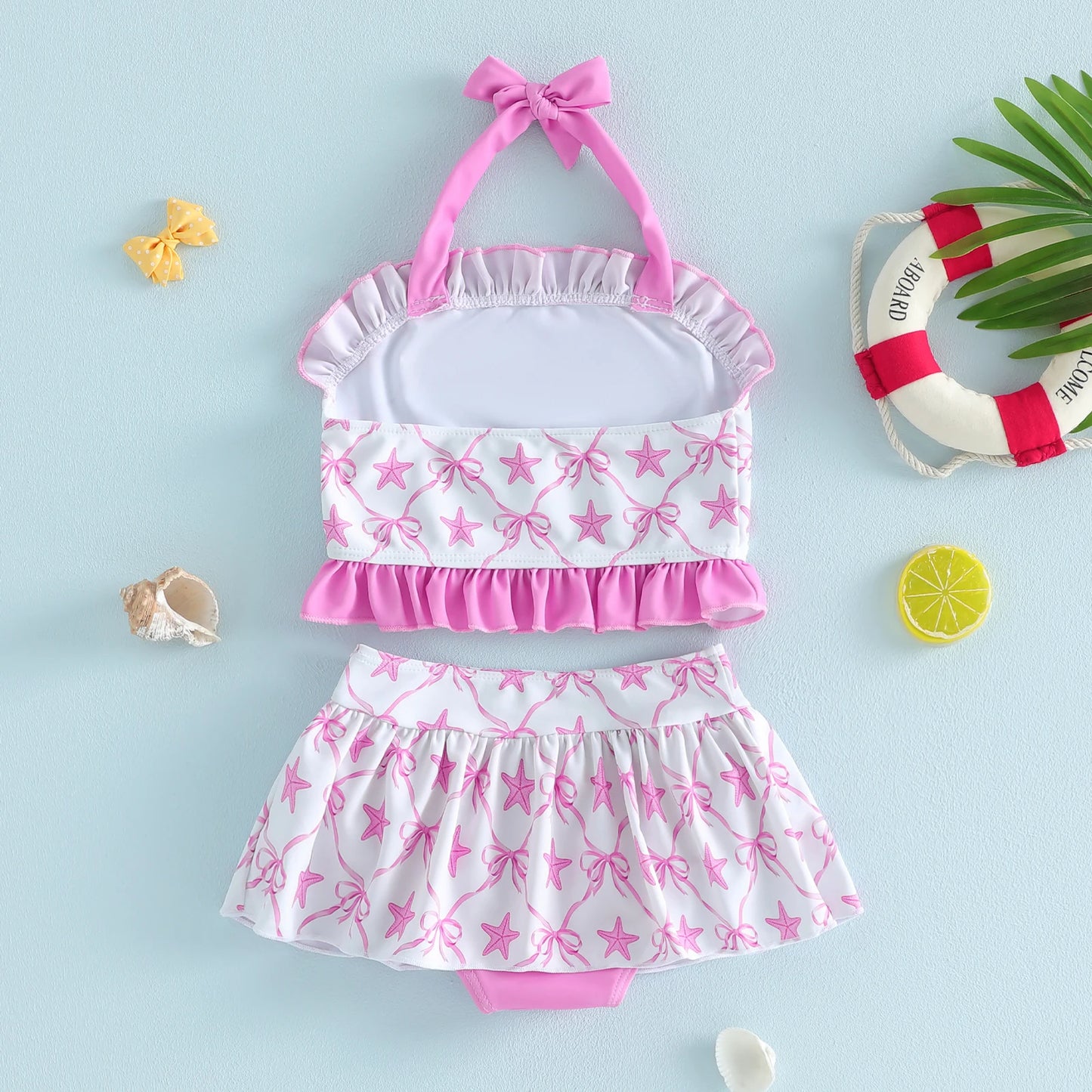 Lightweight girls' bikini set - halter top, starfish print, ruffle trim, polyester, for summer beach