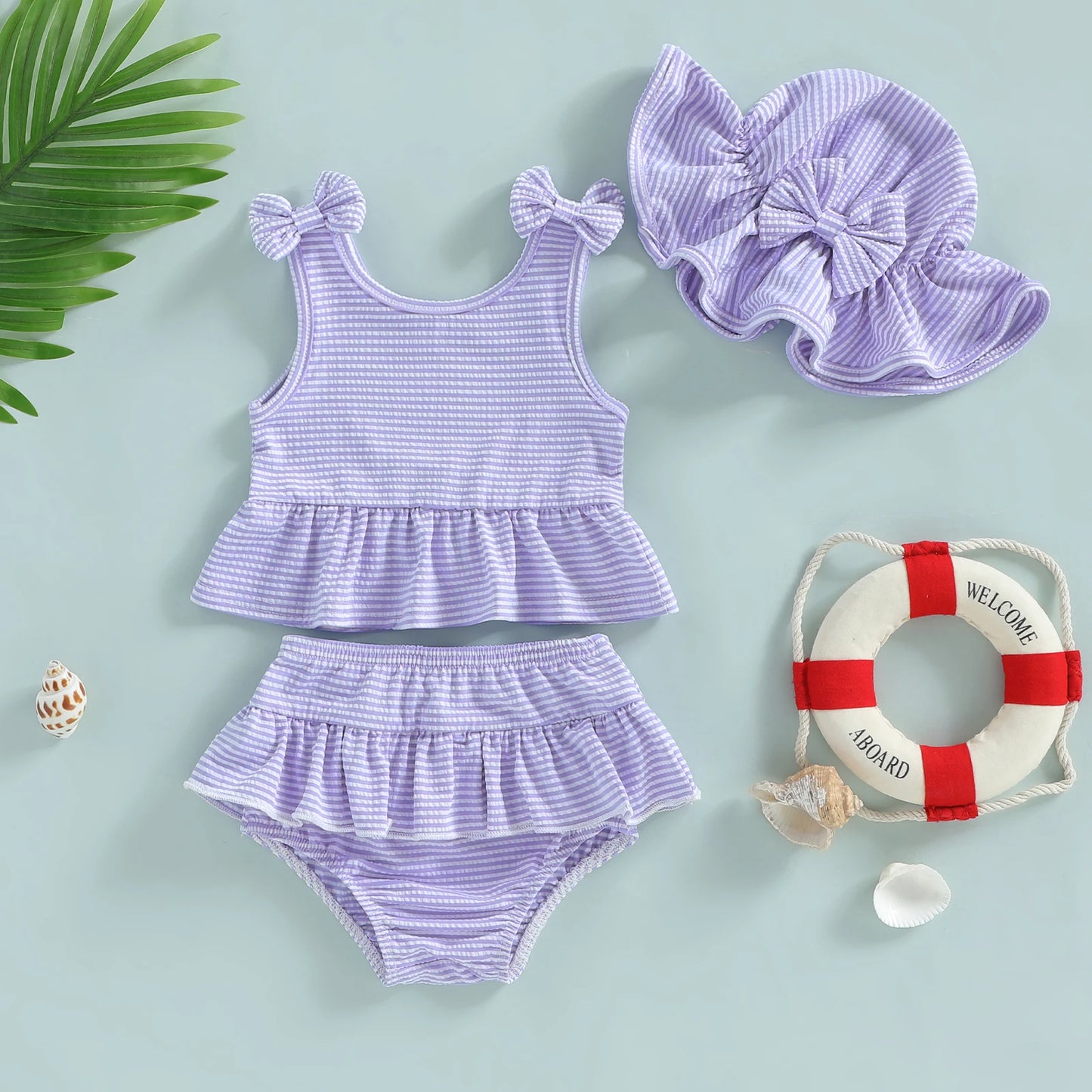 Soft Toddler Girls' Bikini Set - Striped Tank Top With Ruffle, Matching Bottom, Hat, Polyester-Elastane, Summer Swimwear