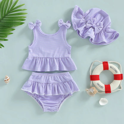 Soft Toddler Girls' Bikini Set - Striped Tank Top With Ruffle, Matching Bottom, Hat, Polyester-Elastane, Summer Swimwear