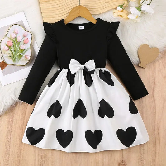 Soft girls' dress - Korean-style timeless heart-print, polyester, party wear for spring birthdays