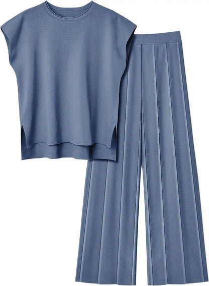 Soft Relaxed Women’s Two-Piece Pant Set – Sleeveless Round-Neck Knit Top, High-Waist Wide-Leg Trousers For Summer