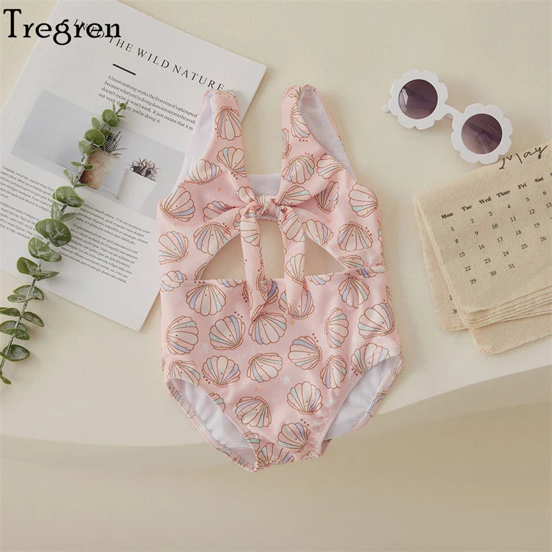 Soft Toddler Girls' One-Piece Swimsuit - Floral Print Bow-Tie Detail, Polyester, For Summer