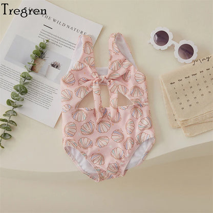 Soft Toddler Girls' One-Piece Swimsuit - Floral Print Bow-Tie Detail, Polyester, For Summer