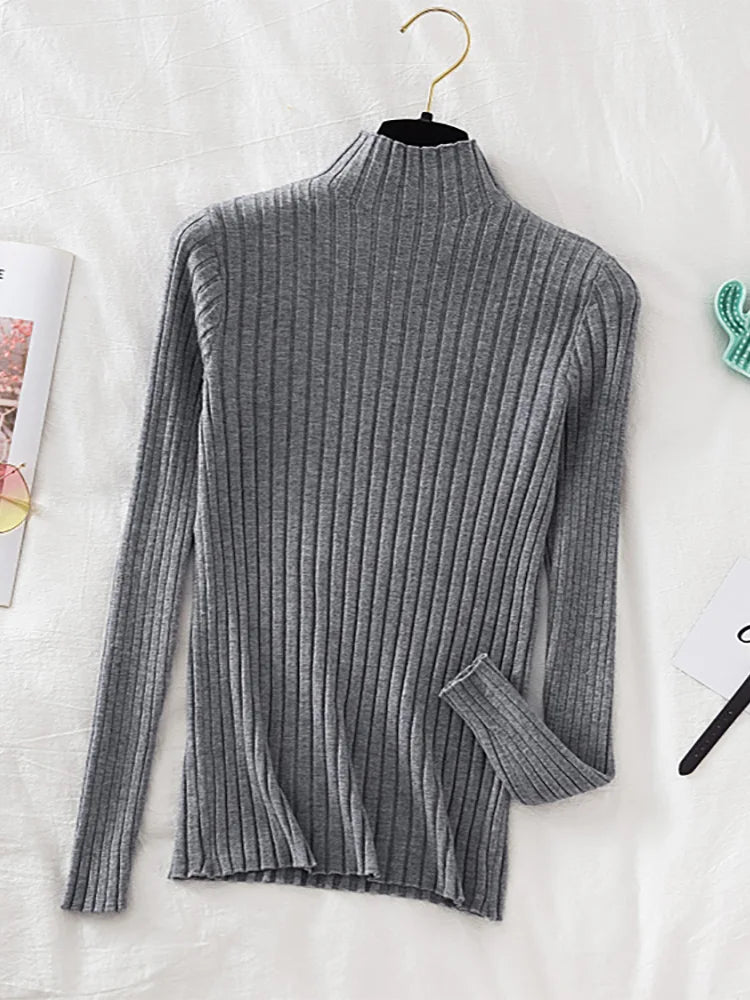 Stretchy Flattering Women Ribbed Sweater - Mock Neck, Knit