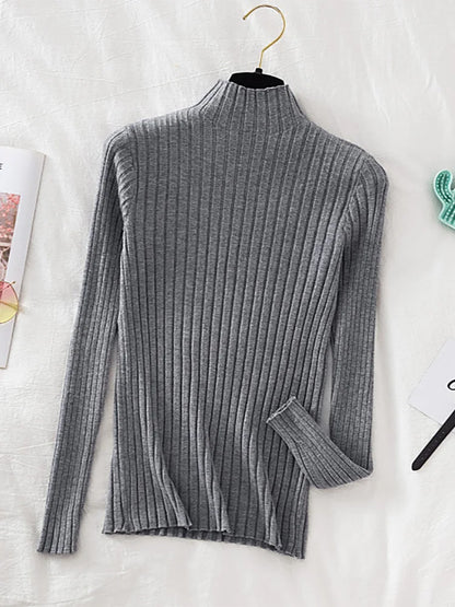Stretchy Flattering Women Ribbed Sweater - Mock Neck, Knit