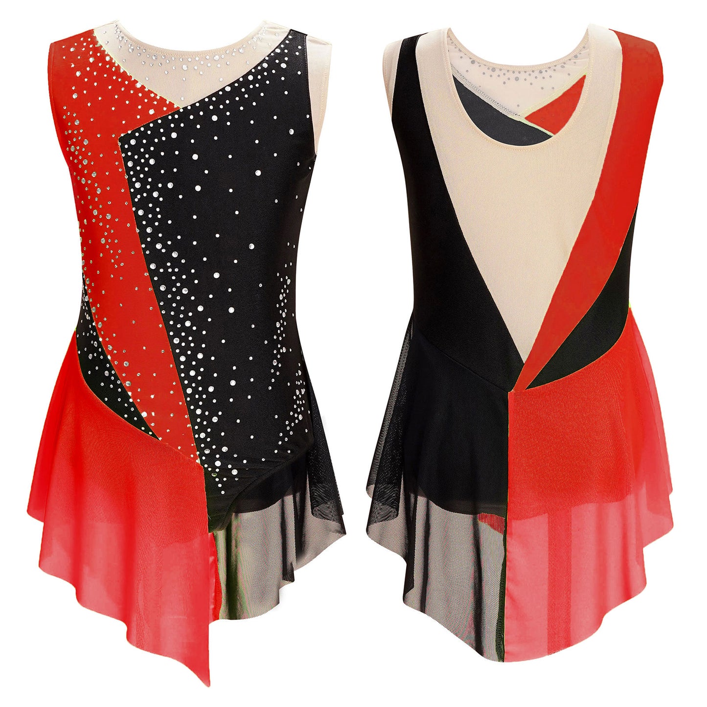 Stretchy girls' leotard - rhinestone mesh yoke, sleeveless, polyester, nylon, elastane, for lyrical dance performance