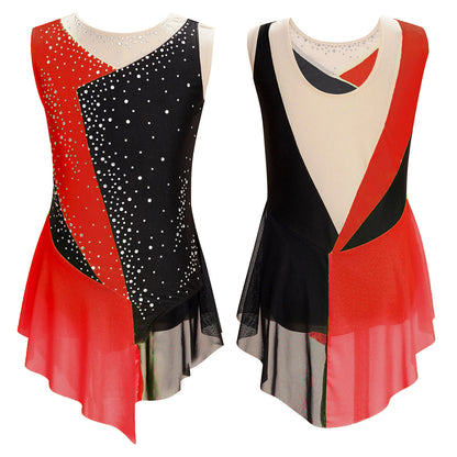 Stretchy girls' leotard - rhinestone mesh yoke, sleeveless, polyester, nylon, elastane, for lyrical dance performance