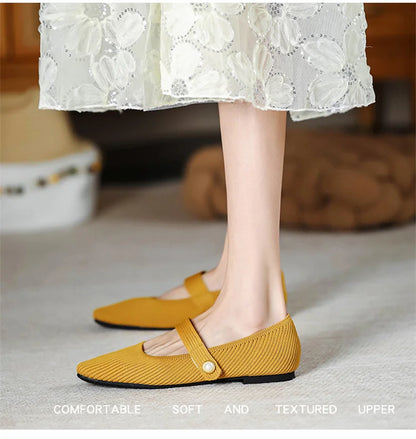 Stretchy Women Mary Jane Flats - Ribbed Knit For Spring