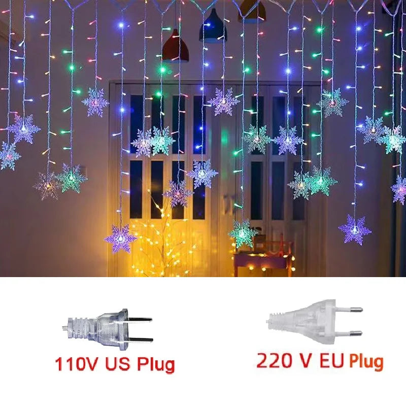 Guirlande lumineuse LED imperméable en forme de flocon de neige - Rideau de fée clignotant pour fêtes de fin d'année, mariages et décorations extérieures - 3,2 m (125,9 pouces)