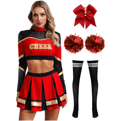 Cosplaykostuum voor cheerleaderoptredens voor vrouwen, crop-top met lange mouwen en geplooide rok met pompons 2026