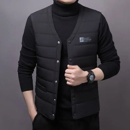 Warm Men's Down Vest - V Neck Quilted Cotton, Winter