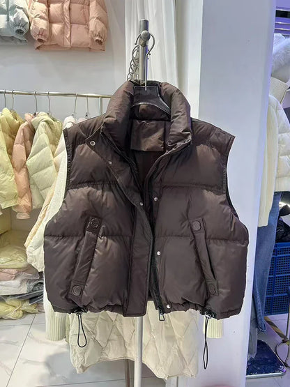 Warm Women’s Down Vest - Stand Collar, Duck Down, Winter