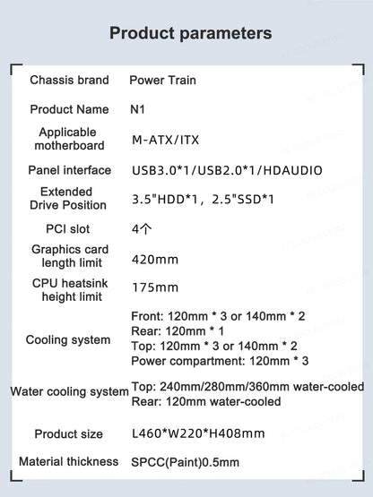 Mini ITX PC kabinet hærdet glas 360mm vandkøling