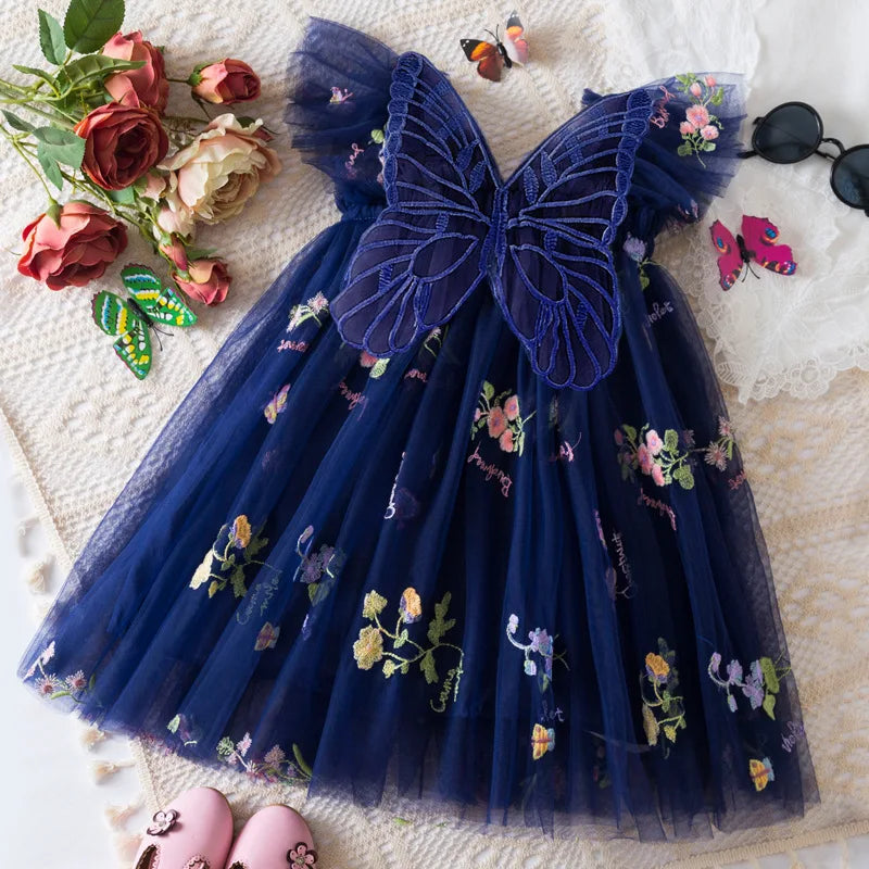 Lightweight flowy girls' dress - knee-length tulle, floral print, polyester, for weddings