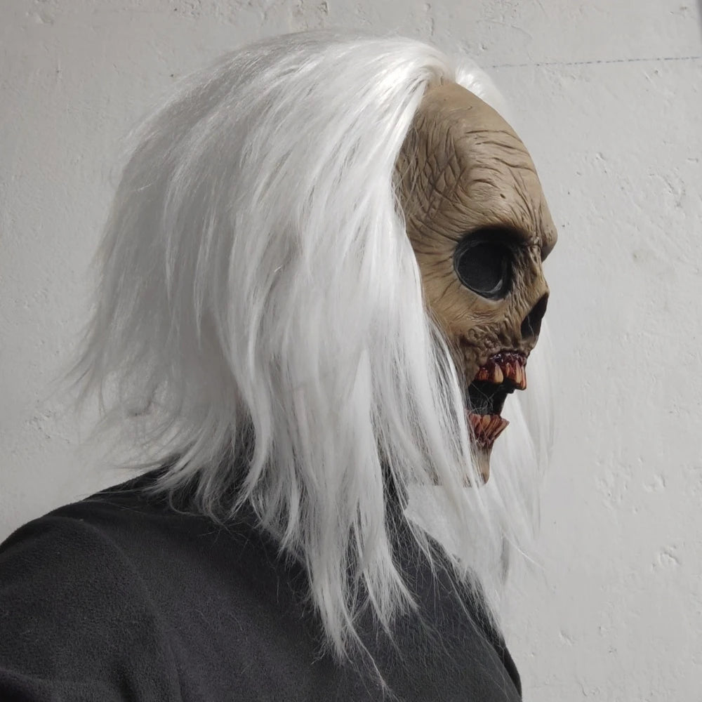 Latex horrormasker voor volwassenen met wit haar, vampier en zombiestijl, dat het hele hoofd bedekt, Halloween-kostuumdecoratie en -rekwisiet 2026