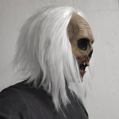 Latex horrormasker voor volwassenen met wit haar, vampier en zombiestijl, dat het hele hoofd bedekt, Halloween-kostuumdecoratie en -rekwisiet 2026