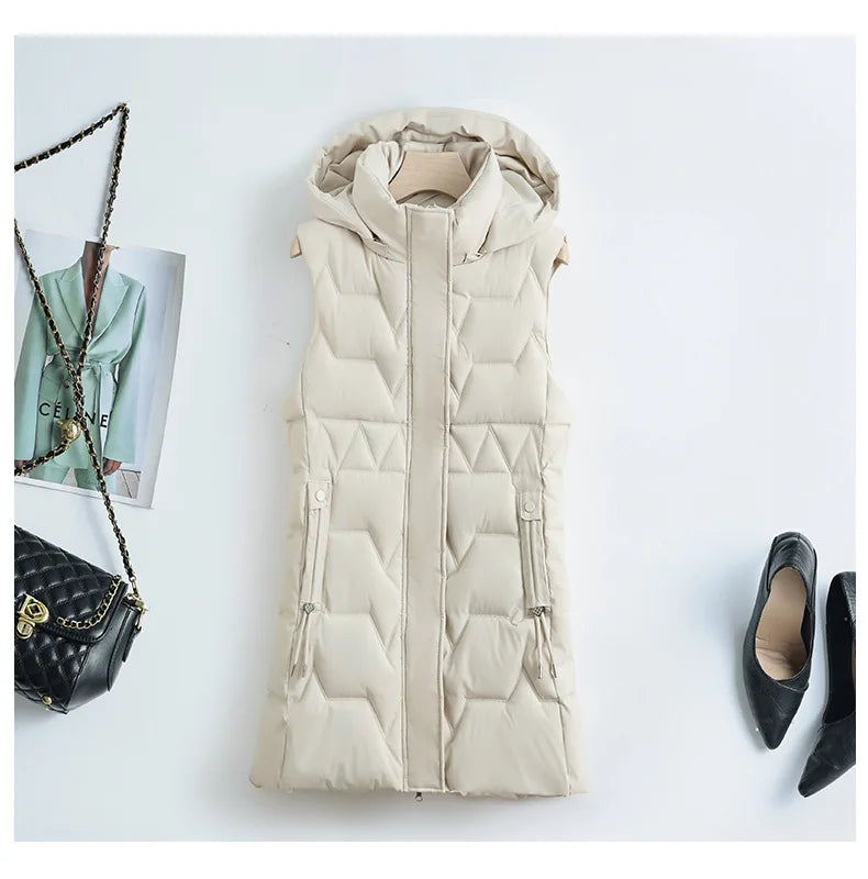 Lightweight Cozy Women Long Puffer Vest - Hooded Down