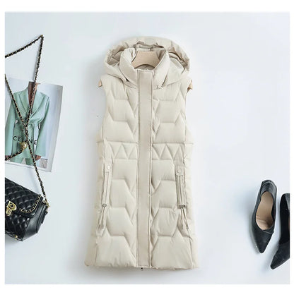 Lightweight Cozy Women Long Puffer Vest - Hooded Down