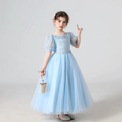 Soft Girls' Dress - Flowy Princess-Cut Lace-Embroidery, Polyester, Wedding Party