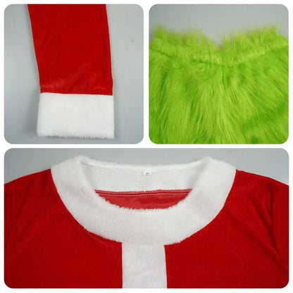 Groene cosplaykostuumset van de animeversie van de Kerstman met hoed, handschoenen, riem en masker voor Halloween en carnaval 2026