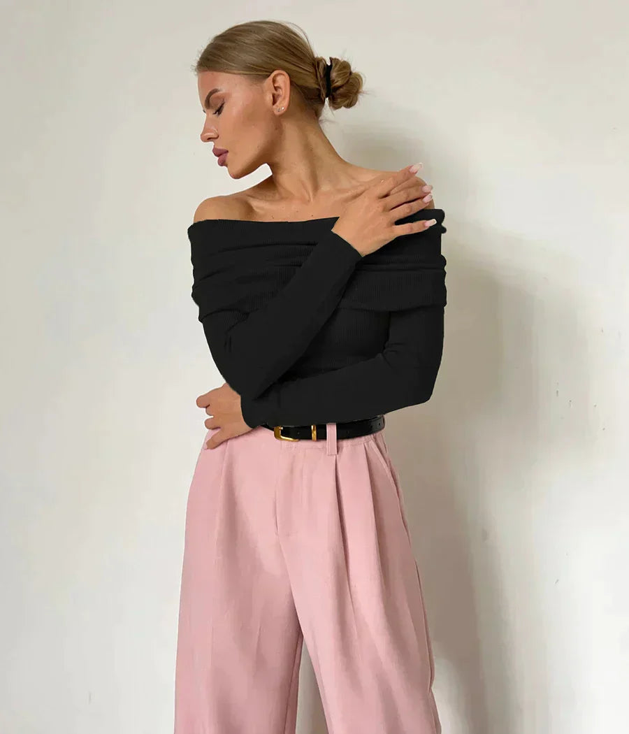 Maglione morbido da donna con spalle scoperte - Scollo a barca, a coste