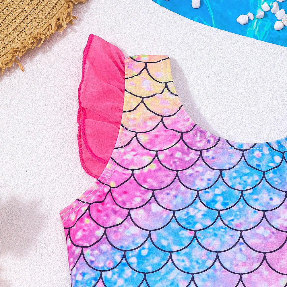 Quick-Dry Durable Girls' One-Piece Swimsuit – Mermaid-Scale Print, Ruffle Sleeves, Tulle, Polyester Elastane, Beach