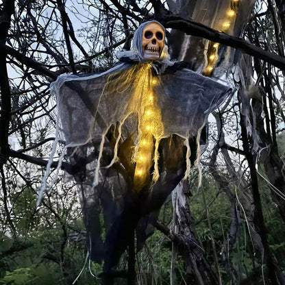 Oplichtende schedel, skelet en gaas met hangende geest voor Halloween, griezelige decoratie voor huis, tuin en buiten 2026