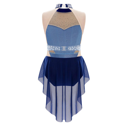 Stretchy Flattering Girls' Dance Leotard - Sleeveless Rhinestone Mesh Top, Polyester, Nylon, Elastane, For Competition