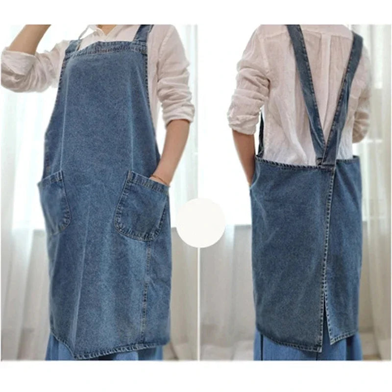 Denim Apron Washed Cotton Canvas Korean Dress Apron Fall 2025 Kitchen Garden Cooking Apron With Pockets