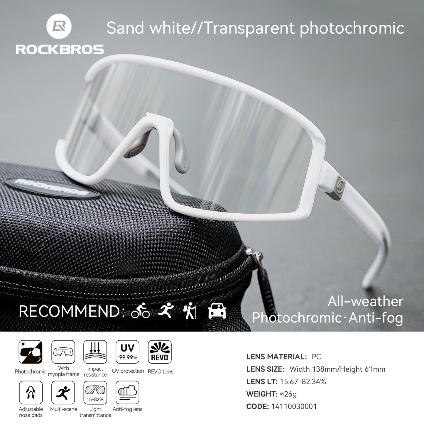 Cycling Sunglasses Polarized UV400 Anti-Fog Photochromic Outdoor Eyewear All-Season Non-Slip Unisex