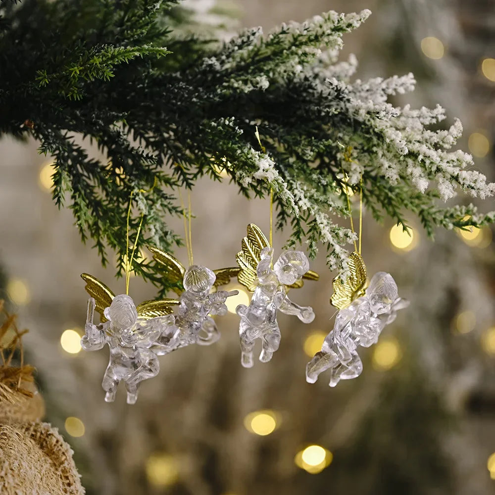 Clear Glass Angel Ornaments Set - 4 Mini Hanging Pendants for Christmas Tree, Perfect for Holiday Decor and New Year Celebrations