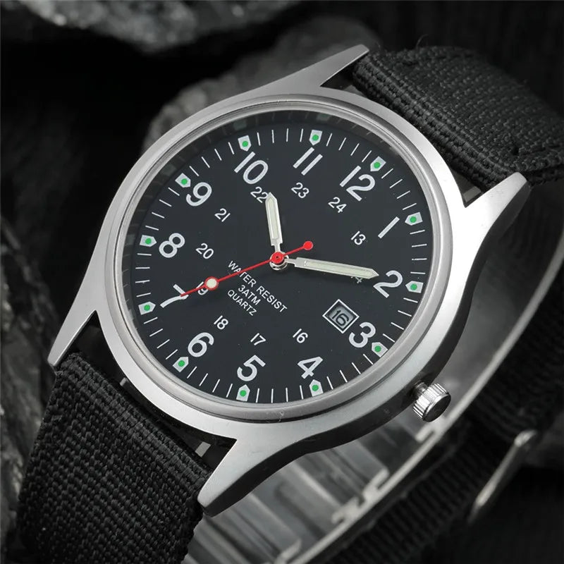 Quartz Field Watch Nylon Strap Military Style Date Luminous