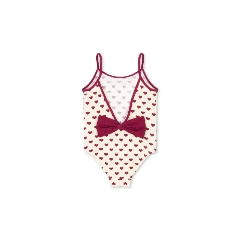 Lightweight girls' swimsuit - stripe long-sleeve, bow accent, nylon, for summer beach days