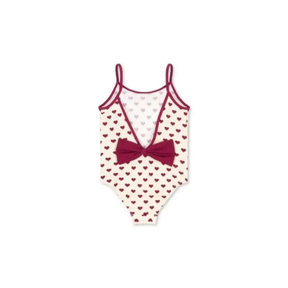 Lightweight girls' swimsuit - stripe long-sleeve, bow accent, nylon, for summer beach days