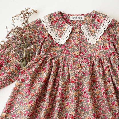 Vestito classico morbido per bambine – floreale, manica lunga, lunghezza al ginocchio, cotone, per occasioni speciali
