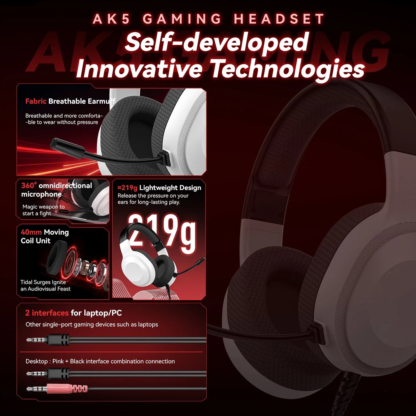 Gaming Headset Wired Lightweight With Omnidirectional Mic