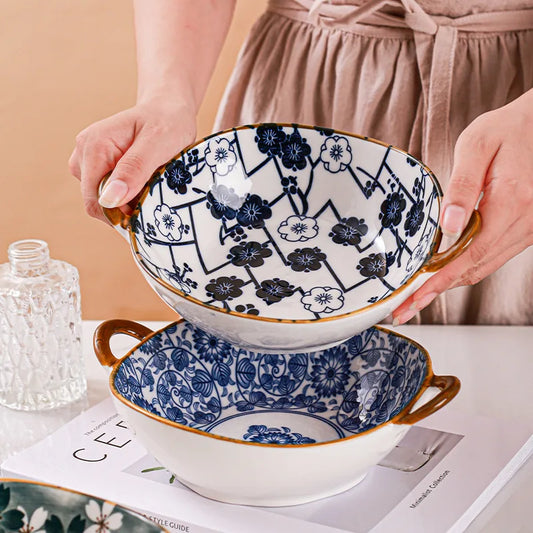 7.5 Inch Japanese Ceramic Noodle Bowl With Handles Blue