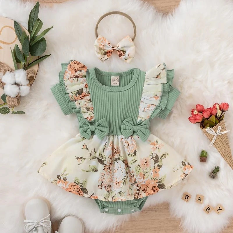 Vestito morbido per bambina - stampa floreale, dettagli con fiocco, cotone-elastan, abbigliamento estivo